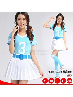 ชุดเชียร์ ชุดกีฬาสี เชียร์ลีดเดอร์ สีฟ้า กุ๊นขาว กระโปรงขาว พร้อมเข็มขัด
