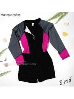 ชุดว่ายน้ำ วันพีช แขนยาว ขาสั้น ซิปหน้า สีดำ-ชมพู (มีหลายสี)