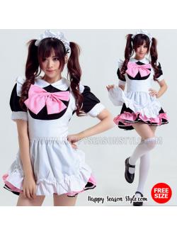 ชุดmaid ชุดสาวเสิร์ฟ ขาวดำ โบว์ชมพู ระบายชายชมพู