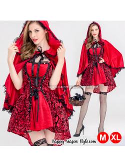 ชุดหนูน้อยหมวกแดง หน้าสั้นหลังยาว มีลายในตัว พร้อมผ้าคลุม