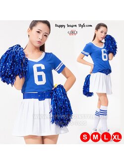 ชุดเชียร์ ชุดกีฬาสี เชียร์ลีดเดอร์ สีน้ำเงิน กุ๊นขาว กระโปรงขาว พร้อมเข็มขัด