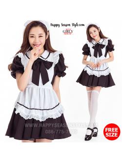 ชุดแฟนซี ชุดคอสเพลย์ ชุดเมด แม่บ้าน สาจ๋า - maid ชุดสาวเสิร์ฟ ดำ ผ้ากันเปื้อนขาว โบว์ดำ