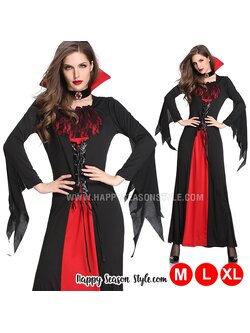 ชุดแม่มด ชุดแวมไพร์ แซกยาวดำแดง ปกตั้ง แขนกระดิ่งสีดำ