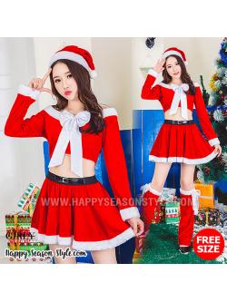 ชุดแฟนซี ชุดคอสเพลย์ ชุดCosplay ปีใหม่ - ชุดซานต้า ซานตี้ เอวลอย ไหล่ปาด กระโปรงบาน พร้อมหมวก และถุงขา