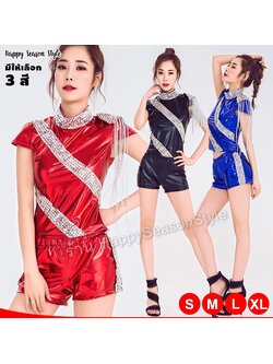 ชุดเชียร์ ชุดเชียร์กีฬา ชุดเชียร์ลีดเดอร์ สีเมทาลิค เงา กางเกงขาสั้น ไหล่แต่งโซ่ (มี 3 สีให้เลือก)