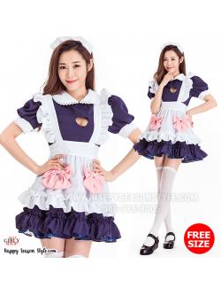 ชุดแฟนซี ชุดคอสเพลย์ ชุดเมด แม่บ้าน สาจ๋า - maid ชุดสาวเสิร์ฟ น้ำเงิน เจาะอก โบว์ชมพู