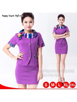 ชุดพนักงาน แอร์ ยูนิฟอร์ม ชุดอาชีพ สีม่วง ผ้าพันคอลายริ้ว
