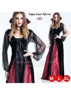 ชุดแม่มด ชุดแวมไพร์ แซกยาวดำแดง แขนซีทรู ปกตั้ง ผ้ากำมะหยี่