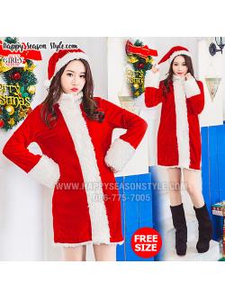 ชุดแฟนซี คริสต์มาส Xmas ปีใหม่ - ชุดซานต้า ซานตี้ รุ่นแซกคอปีน แขนยาว พร้อมหมวกซานต้า
