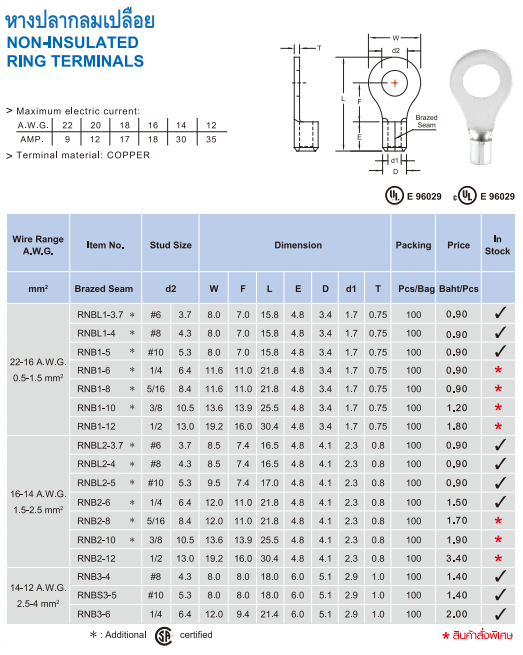 หางปลากลมเปลือย,NON-INSULATED RING TERMINALS