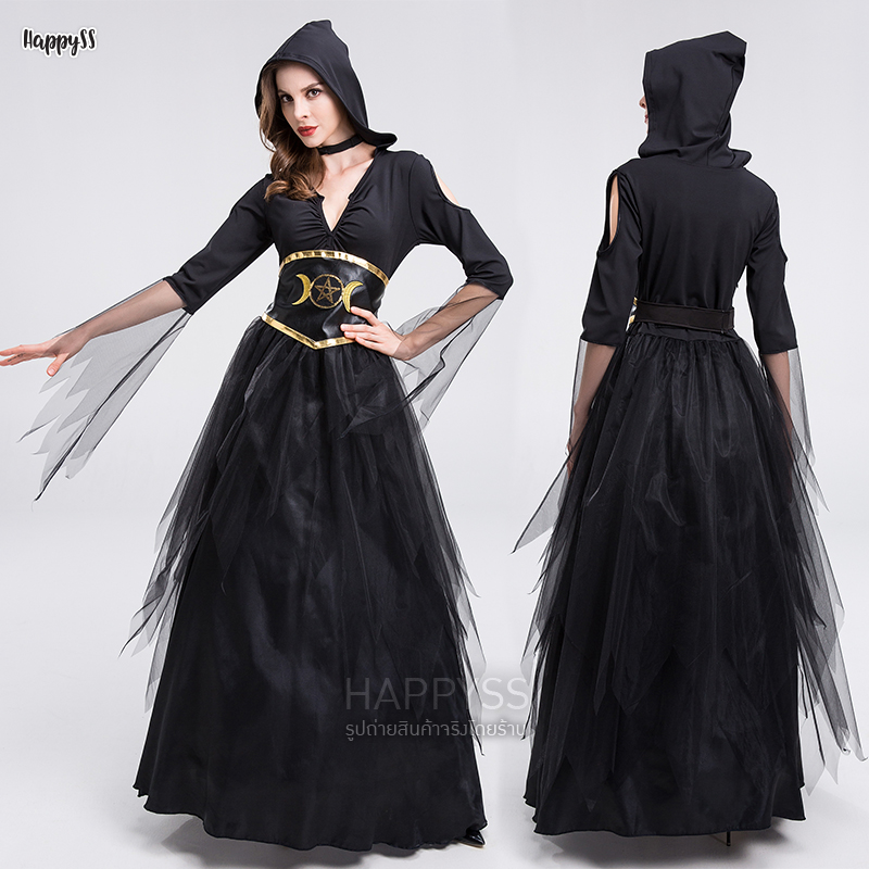 🔮ชุดมนต์ดำ ยิปซี แม่มด หมอผี เอวสกรีนสีทองรูปพระจันทร์ 🏍️💨💨ส่งไวจาก กทม.