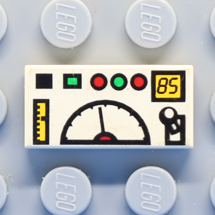 Tile 1 x 2 with Groove with Gauges, Buttons and '85' Pattern