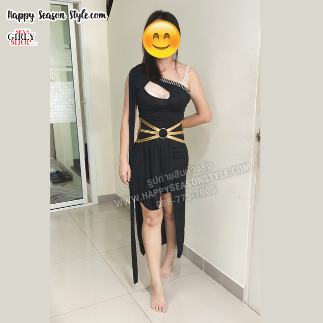 ชุดกรีก แขนเดี่ยว ผ้าพริ้ว สีดำ