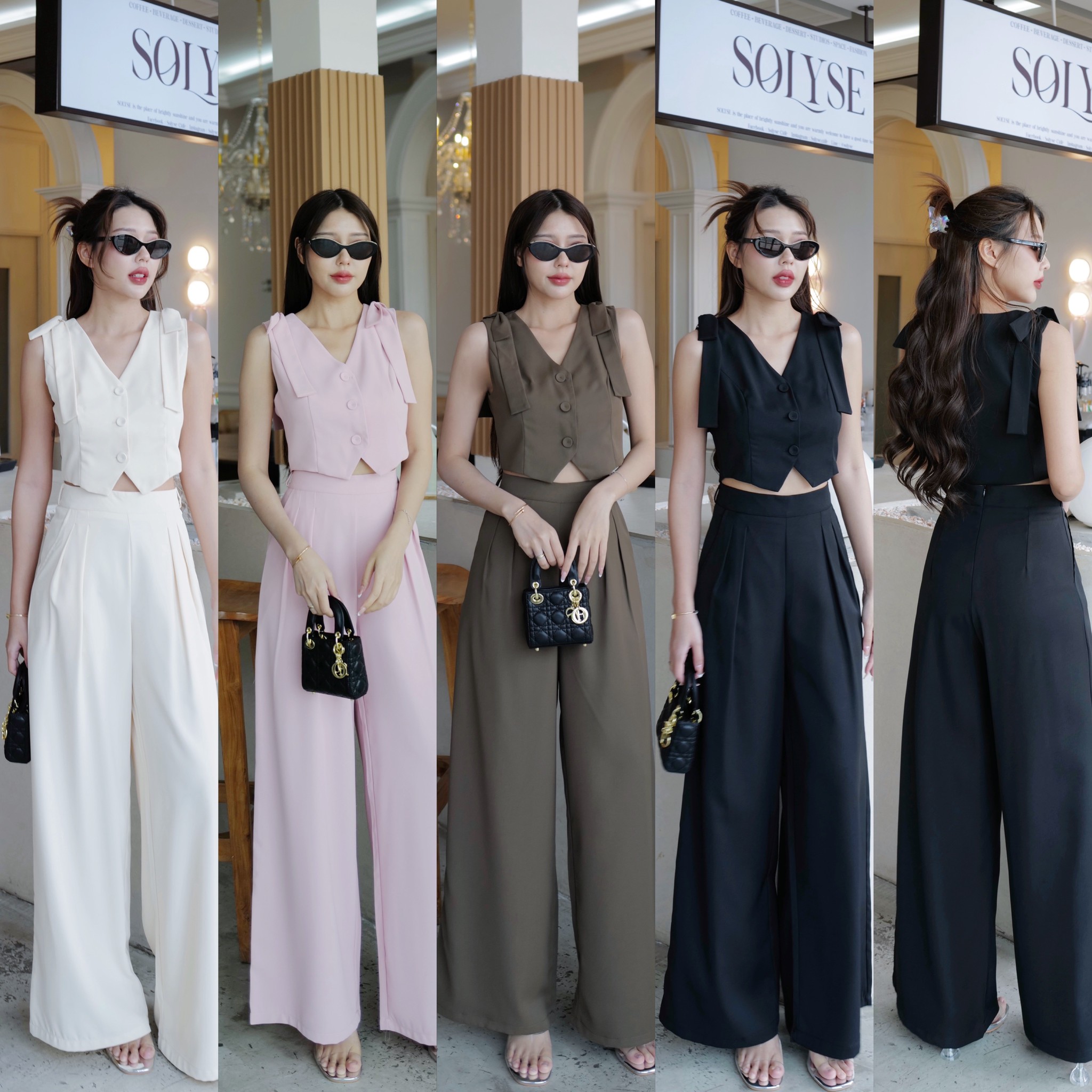 #4815# Eve ชุดเซตเสื้อแขนกุดกระดุมหน้าแต่งโบว์ช่วงไหล่ กางเกงทรงกระบอบขายาว