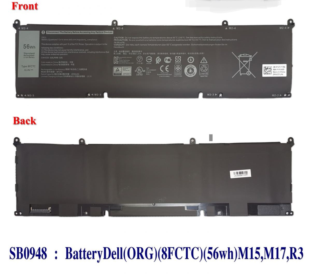 SB0948 - BatteryDell(ORG)(8FCTC)(56wh)M15,M17,R3,15-9500,G7-7500,5550,P100F,P45E,P91F,P87F001,