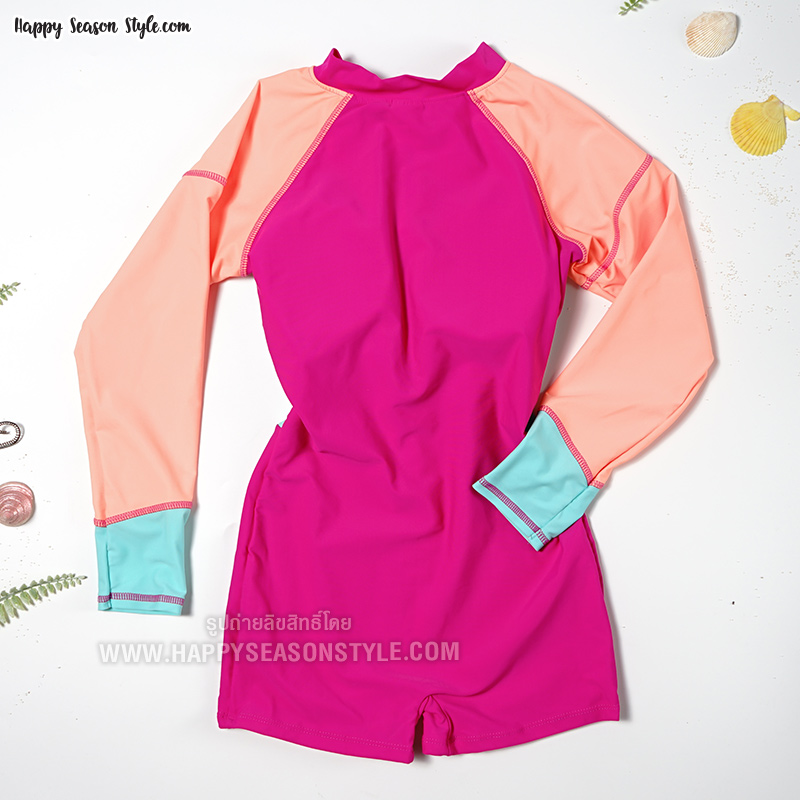 ชุดว่ายน้ำ วันพีช แขนยาว ขาสั้น ซิปหน้า สีชมพู-ส้ม-ฟ้า (มีหลายสี)