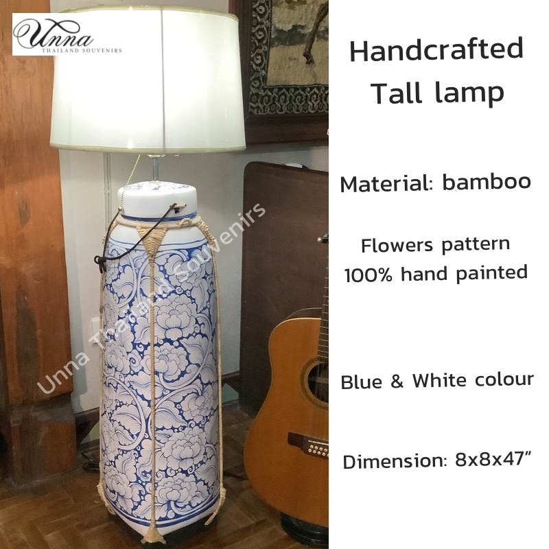 โคมไฟตั้งพื้น สีฟ้าขาว งานแฮนด์เมด ทรงกระติ๊บล้านนา ลายพรีเมียม เพ้นท์มือ 120 cm Premium handcrafted Lanna bamboo tall kratip lamp