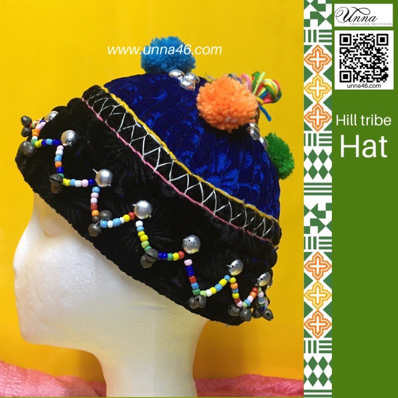 หมวกชาวเขา หมวกผ้ากำมะหยี่ หมวกชาวกะเหรี่ยงดาราอั้ง งานเย็บมือทั้งใบ Handmade hill tribe hat