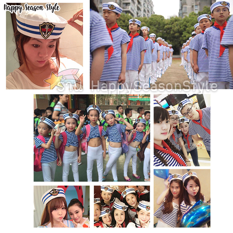 หมวกกะลาสี หมวกทหารเรือ มารีน ขาว ขลิบน้ำเงิน 2 แถว โลโก้สมอเรือ