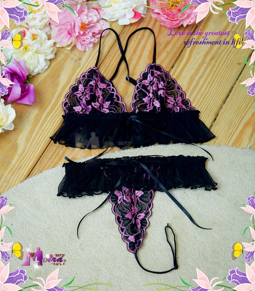 ชุดนอนไม่ได้นอน ชุดทูพีช ลูกไม้ลายดอกม่วง แต่งระบายผ้าสีดำพริ้วสวย