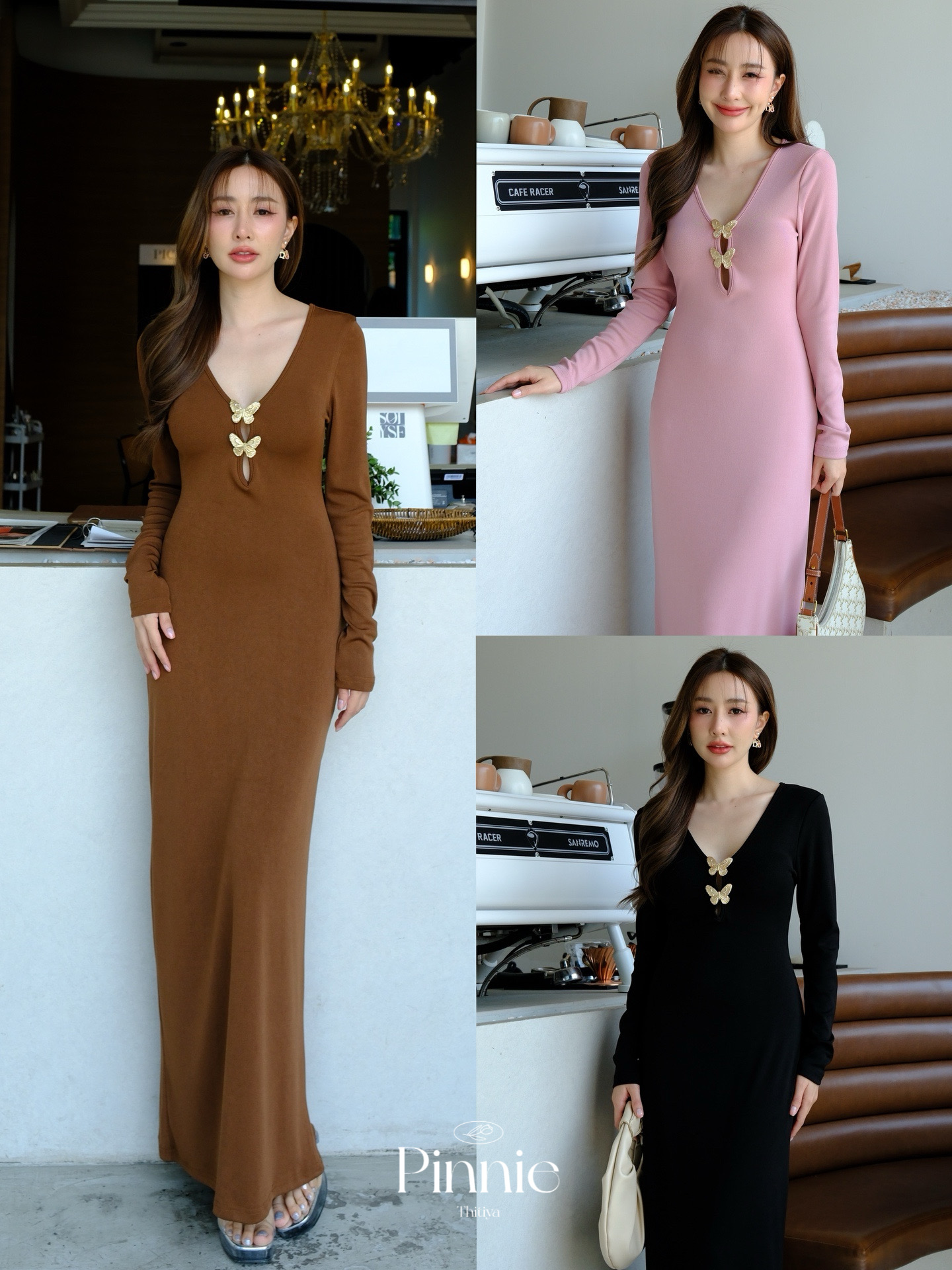 Pinnie Dress เดรสยาวทรงสลิมแขนยาว ผ้านิ่มยืดเด้งสวย ไม่บาง คอวีด้านหน้าเว้าลึก thitiya