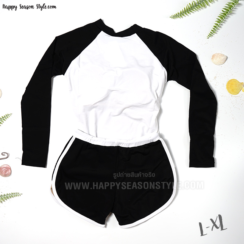 ชุดว่ายน้ำ ทูพีช แยกชิ้น เสื้อแขนยาว กางเกงขาสั้น สีดำ-ขาว