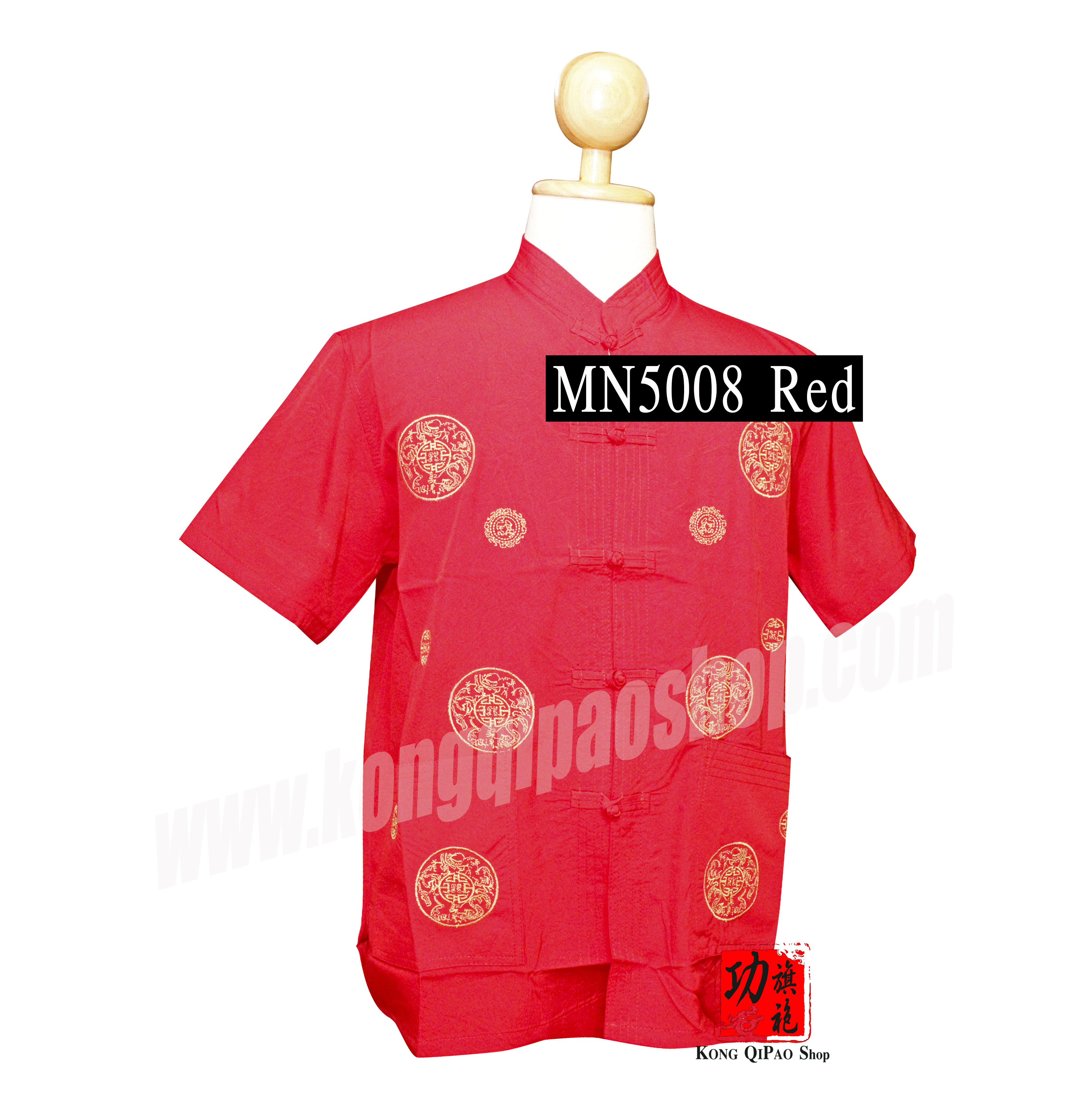 MN5008 เสื้อจีนผู้ชาย แขนสั้น ลายวงกลมมังกรคู่
