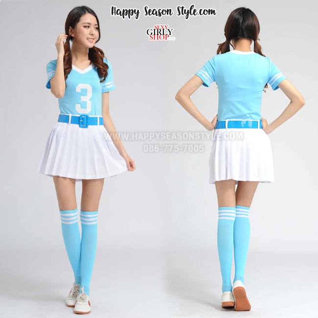 ชุดเชียร์ ชุดกีฬาสี เชียร์ลีดเดอร์ สีฟ้า กุ๊นขาว กระโปรงขาว พร้อมเข็มขัด