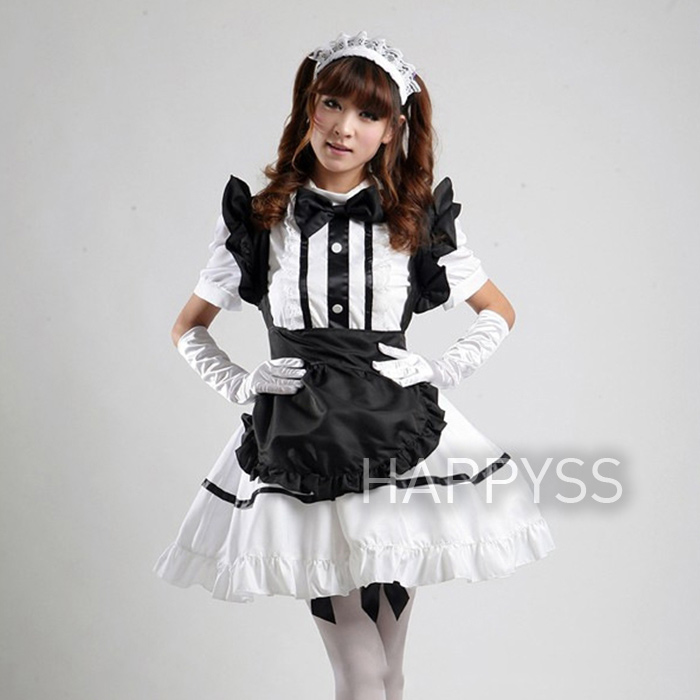 ชุดเมดขาว ผ้ากันเปื้อนไหล่ตั้งสีดำ ส่งไวจากไทย