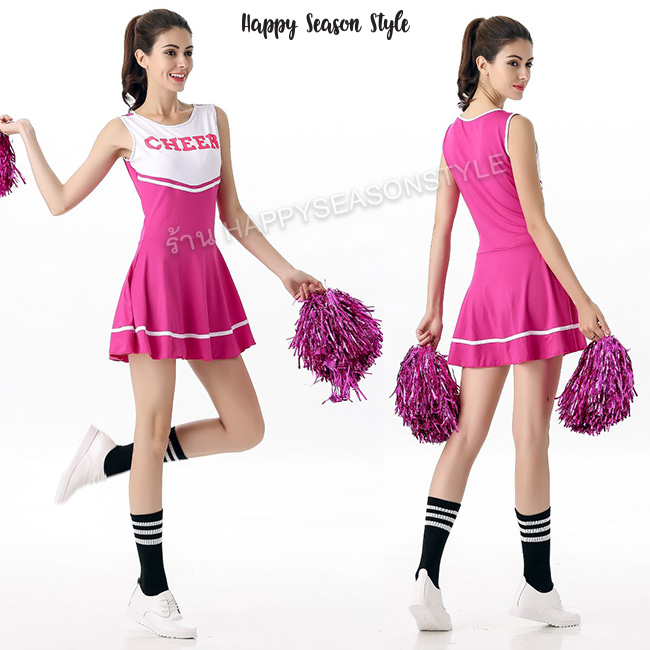 ชุดเชียร์ ชุดเชียร์ลีดเดอร์ เชียร์กีฬา ชุดปอมๆ เชียร์หลีดเดอร์ สีชมพู แซกผ้ายืด สกรีนที่อก Cheer