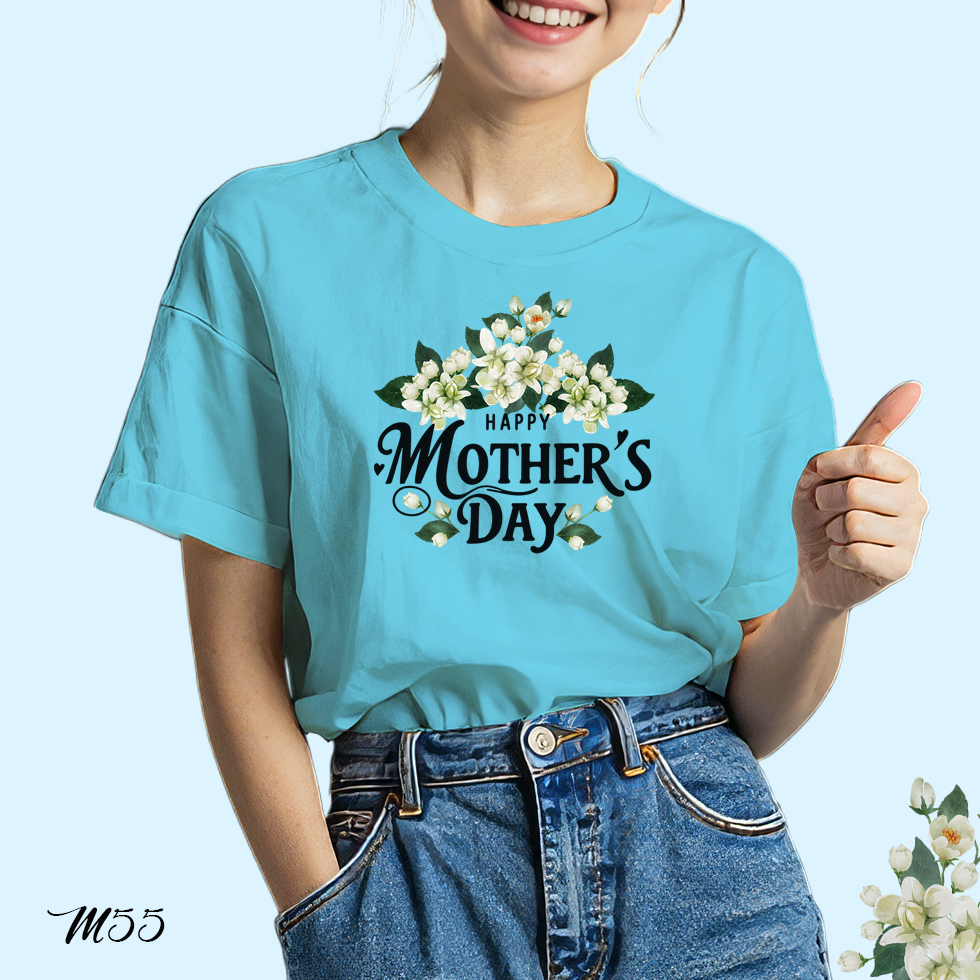 เสื้อยืดสีฟ้าวันแม่ สกรีนลาย Happy Mother's Day M55 เนื้อผ้าโพลีเอสเตอร์ 100% นุ่มใส่สบาย