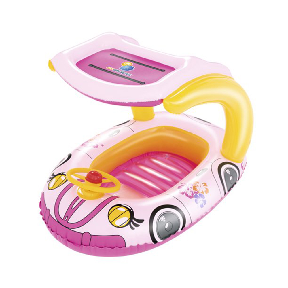 Bestway H2O GO แพยางเด็กแบบสอดขารูปรถลายดอกไม้ พร้อมม่านบังแดด Inflatable Top Quality Children Ride-On Float (สีชมพู)