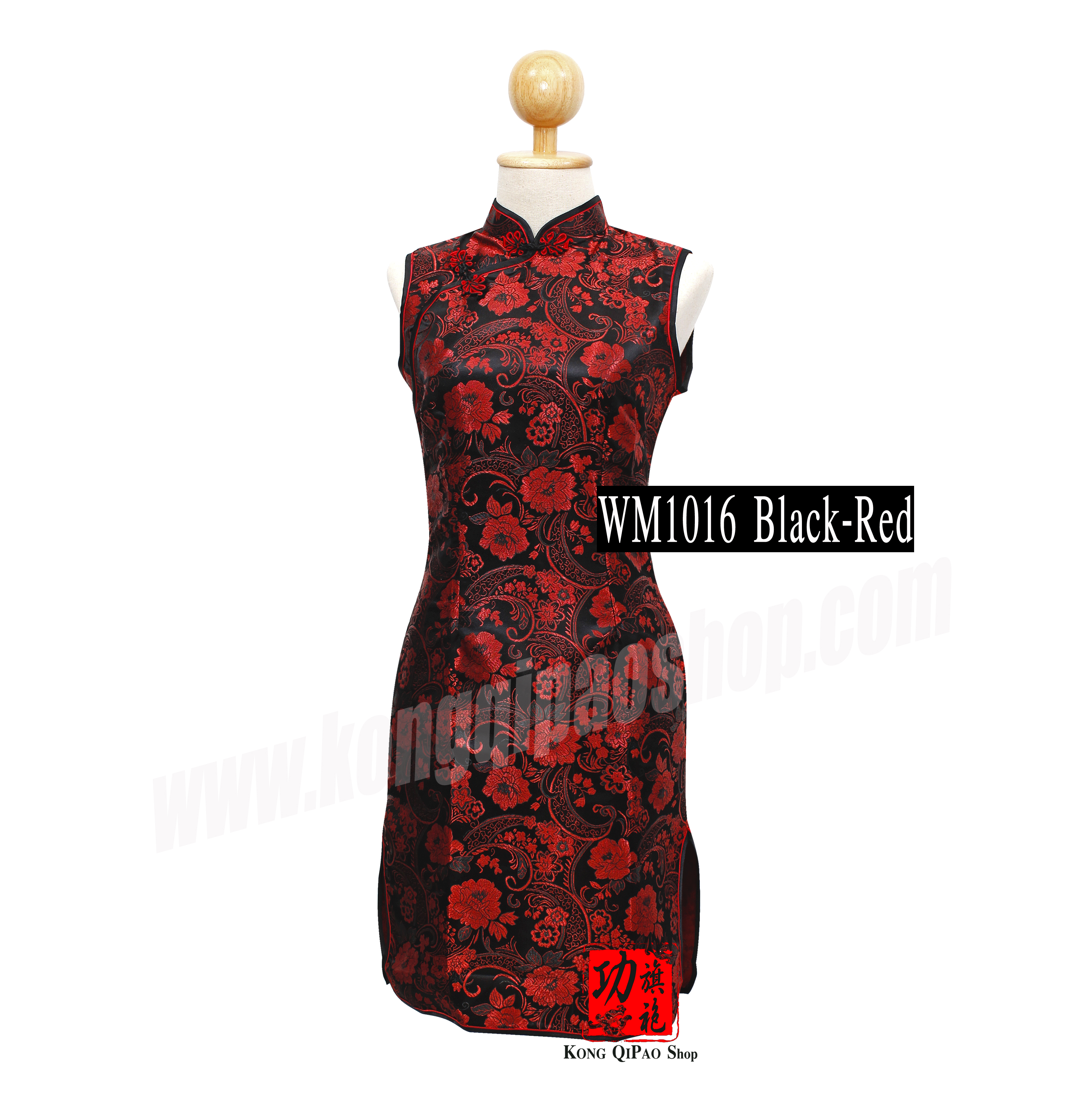 WM1016 กี่เพ้าสั้นแขนกุดผู้หญิง ลายดอกโบตั๋น