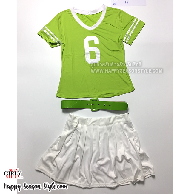 ชุดเชียร์ ชุดกีฬาสี เชียร์หลีดเดอร์ สีเขียวอ่อน กุ๊นขาว กระโปรงขาว พร้อมเข็มขัด