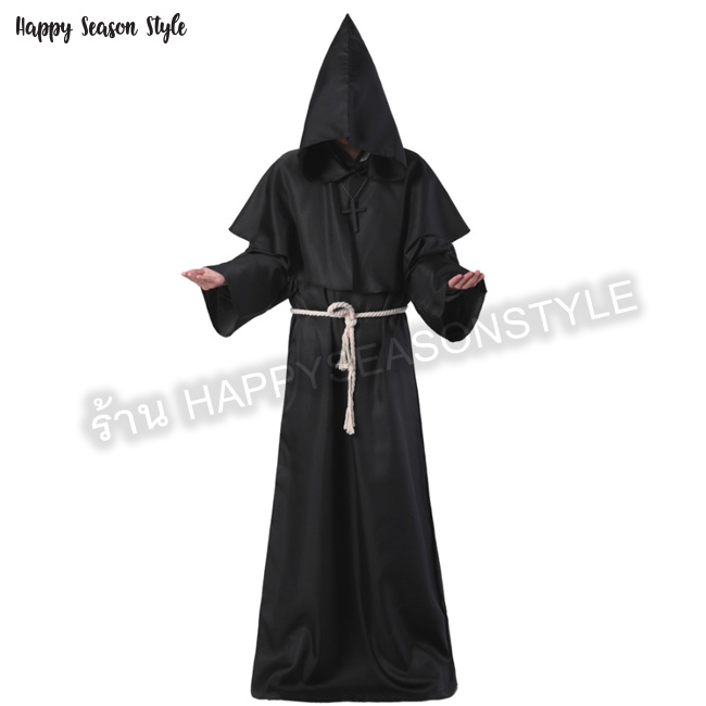 ชุดแฟนซี ชุดฮาโลวีน ชุดผี halloween ชุดคอสเพลย์ Cosplay - ผ้าคลุมกำมะหยี่ มีฮู๊ด พ่อมด วิสาจ แนวดาร์ค ผ้ากำมะหยี่ดำ สำเนา