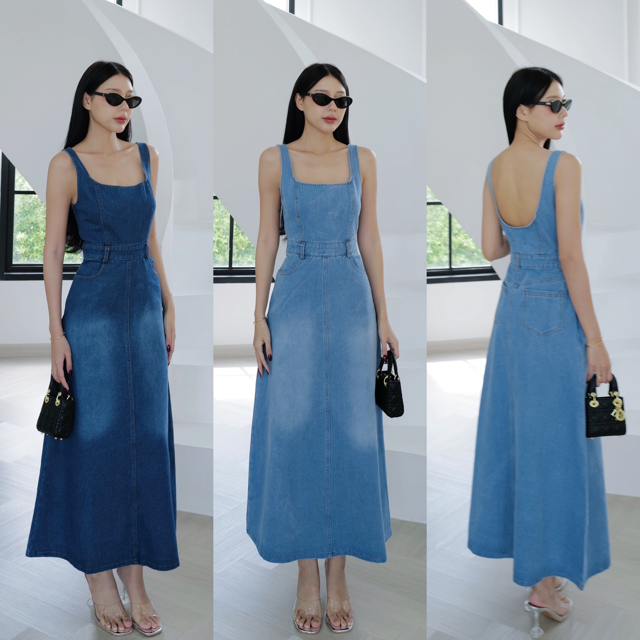 #5242#EVE CLOTHING🩵 เดรสยีนส์ สายเดี่ยว ซิปข้าง แต่งดีเทลกระเป๋าหน้าหลัง ใช้ได้จริง