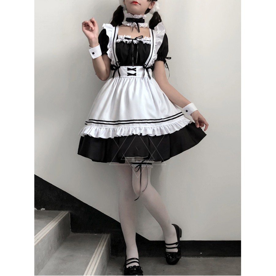 ชุดเมด ชุดคอสเพลย์ MAID ขาวดำ แต่งริบบิ้น 2 ชั้น ไซส์ S-4XL