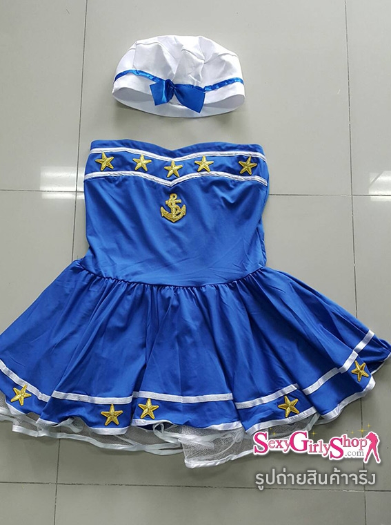 กะลาสีหญิง กะลาสี ทหารเรือ ทหารเรือ เดรสน้ำเงิน ขลิบทอง + หมวกทหารเรือสีขาว