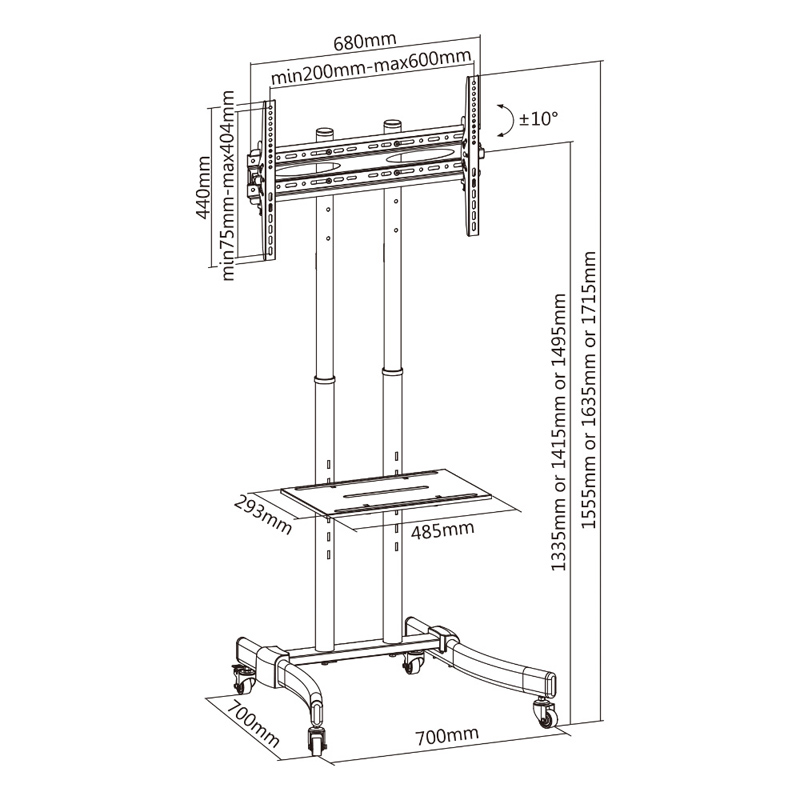 JMTVSTAND MT-F1700 ขาตั้งพื้นทีวี(TV Stand)วัสดุเหล็ก แบบล้อเลื่อนปรับสูง/ต่ำ ก้ม-เงยได้ 32"-65" นิ้ว0964746498