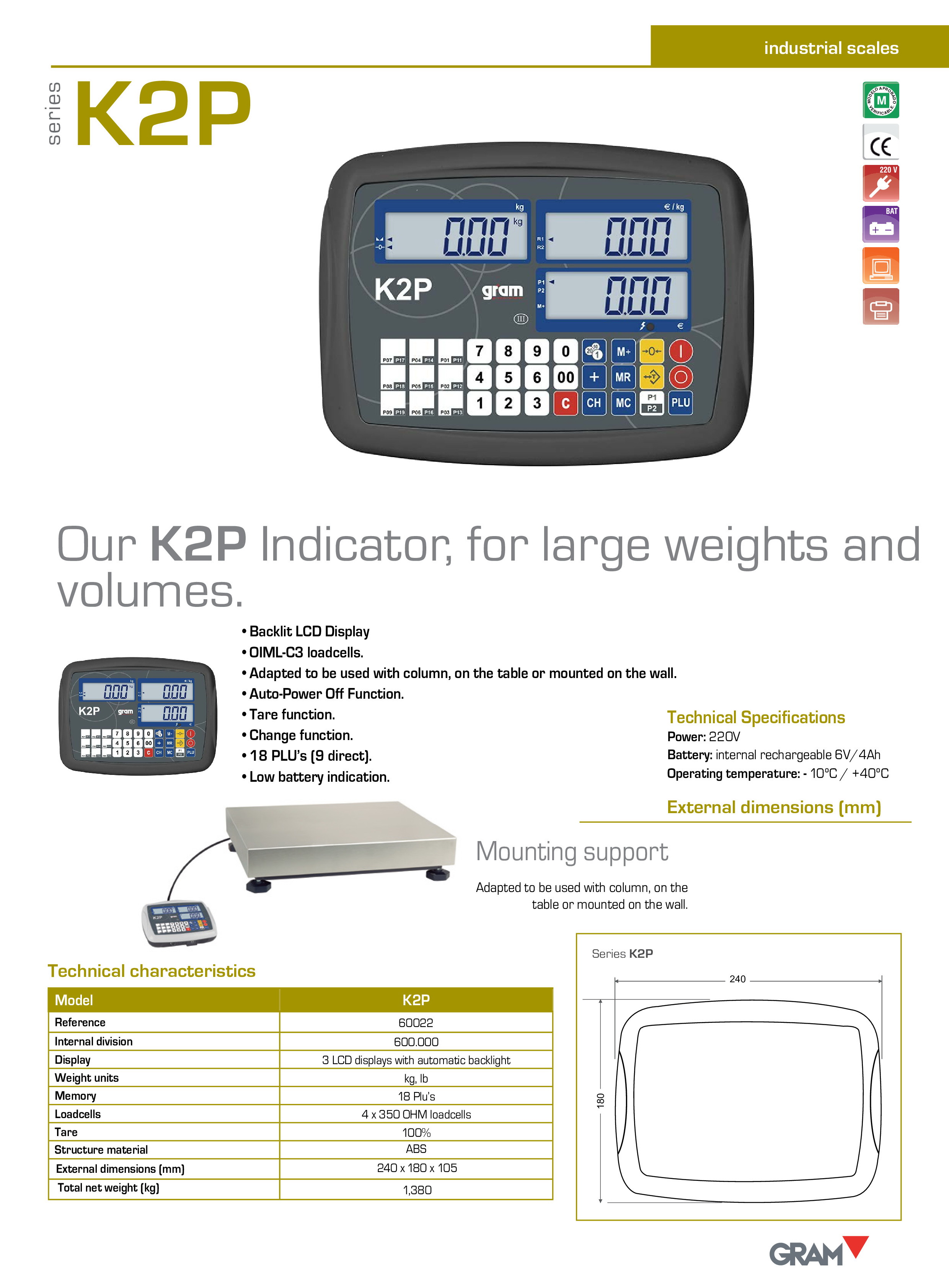 จอแสดงผลเครื่องชั่งดิจิตอล Gram : K2P
