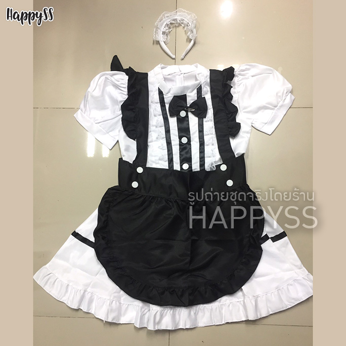 ชุดเมดขาว ผ้ากันเปื้อนไหล่ตั้งสีดำ ส่งไวจากไทย