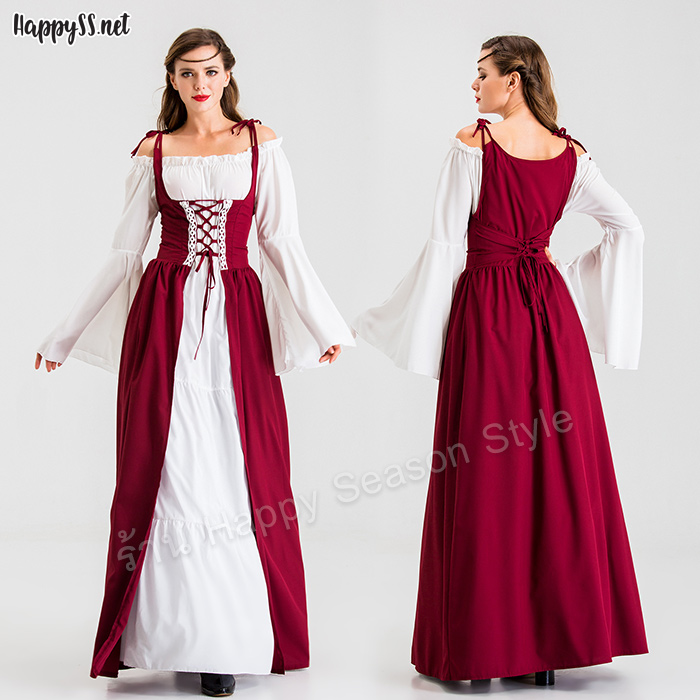 ชุดยุโรป ย้อนยุค แซกคอปาดสีขาวแซกแดง (มี 3 สี แดง, น้ำเงิน, เขียว)