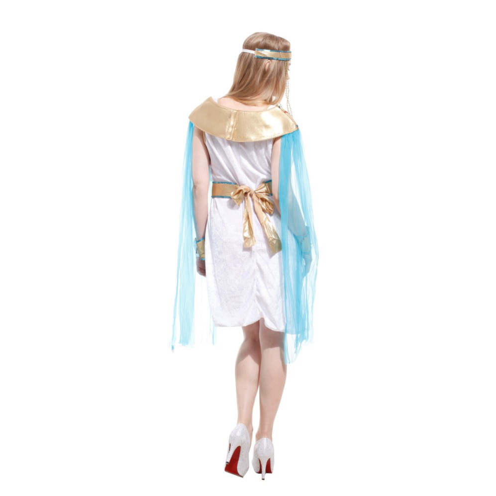 ชุดคลีโอพัตรา ชุดอียิปต์ เดรสขาวสั้น แต่งอะไหล่ทอง มีผ้าแต่งแขนสีฟ้า