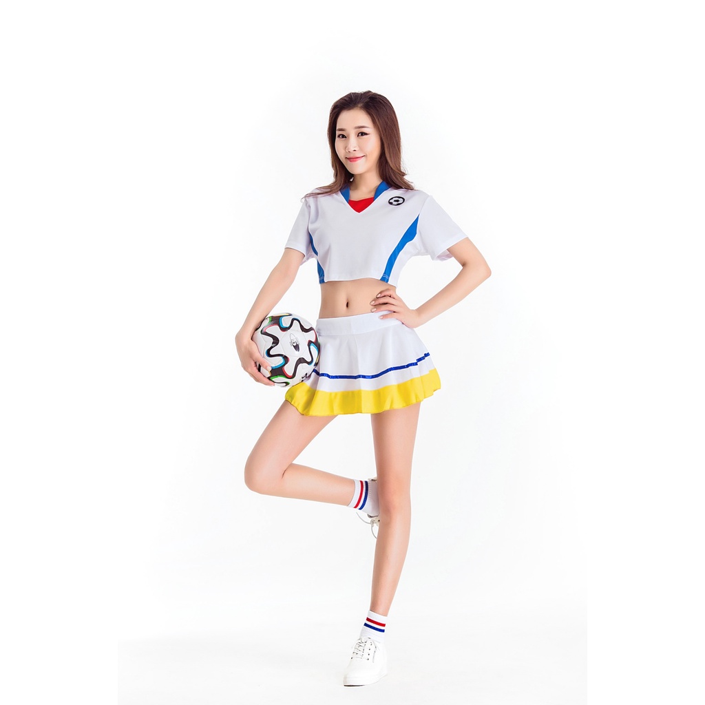 ชุดเชียร์กีฬา เชียร์บอล เสื้อเอวลอยสีขาว กระโปรงย้วย แต่งขลิบเหลือง