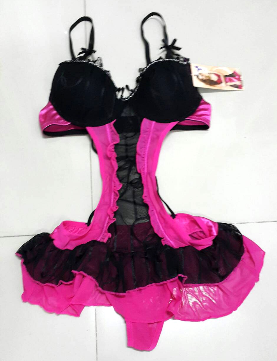 ชุดนอนไม่ได้นอน ชุดนอน ทรงเว้าเอว มีเต้าฟองน้ำ แต่งตุ้งติ้งที่อกสีชมพู