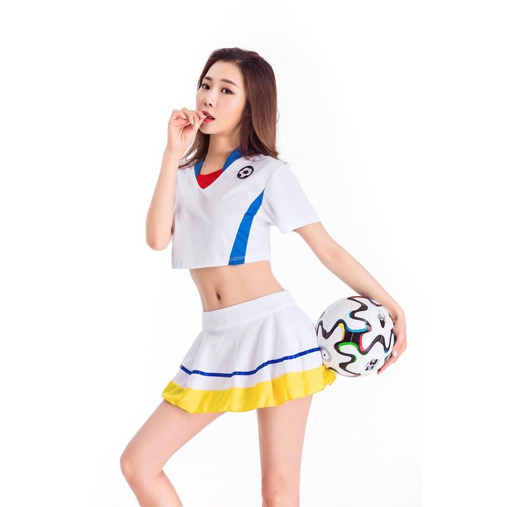 ชุดเชียร์กีฬา เชียร์บอล เสื้อเอวลอยสีขาว กระโปรงย้วย แต่งขลิบเหลือง