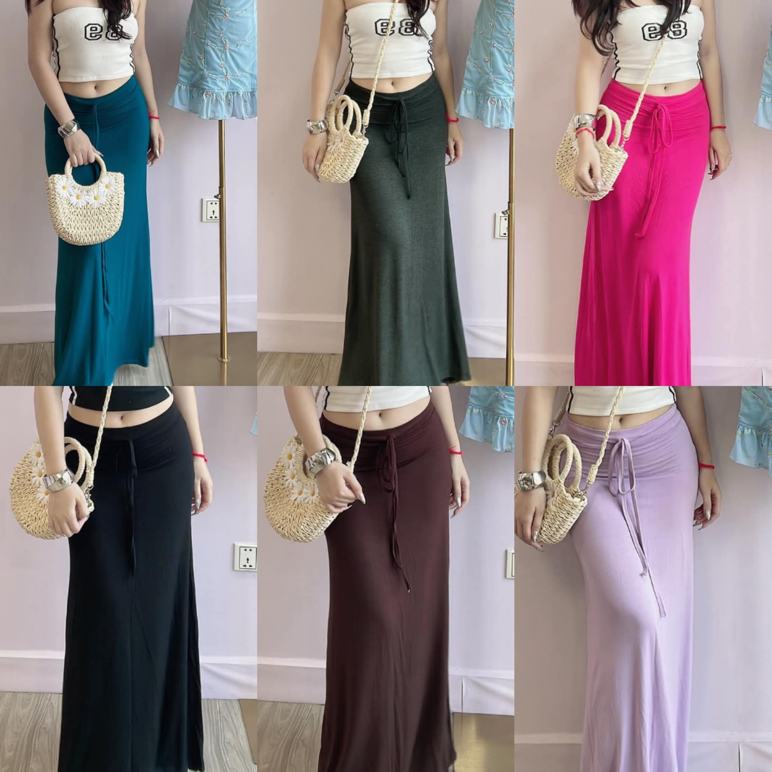กระโปรงยาว แต่งเชือก Tie Skirt ใส่แล้วเก็บทรง ผอมเพรียว ฟิวยุค90