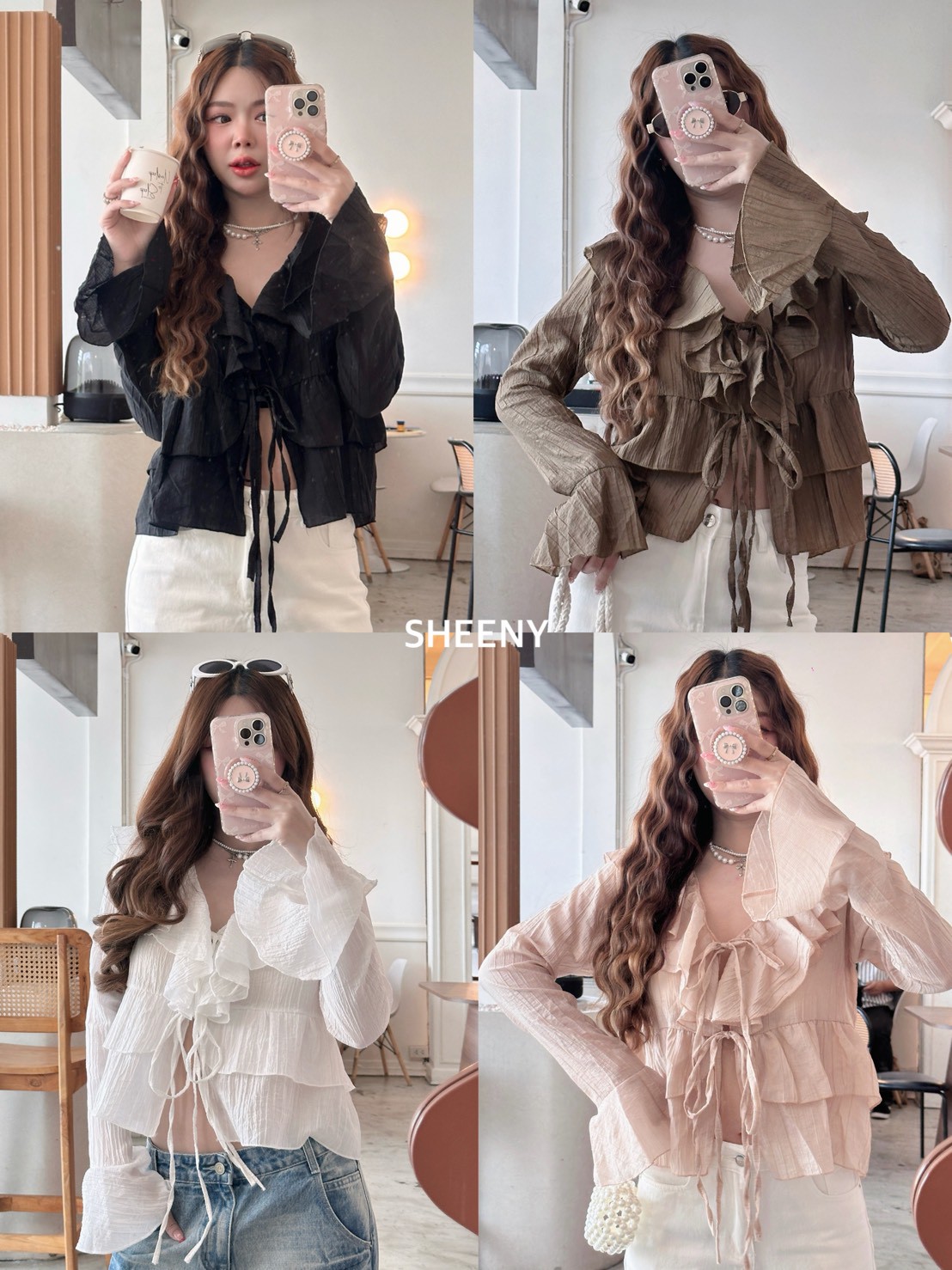 Bershka l top เสื้อระบายทรงสวย แขนยาว ผูกด้านหน้า sheeny