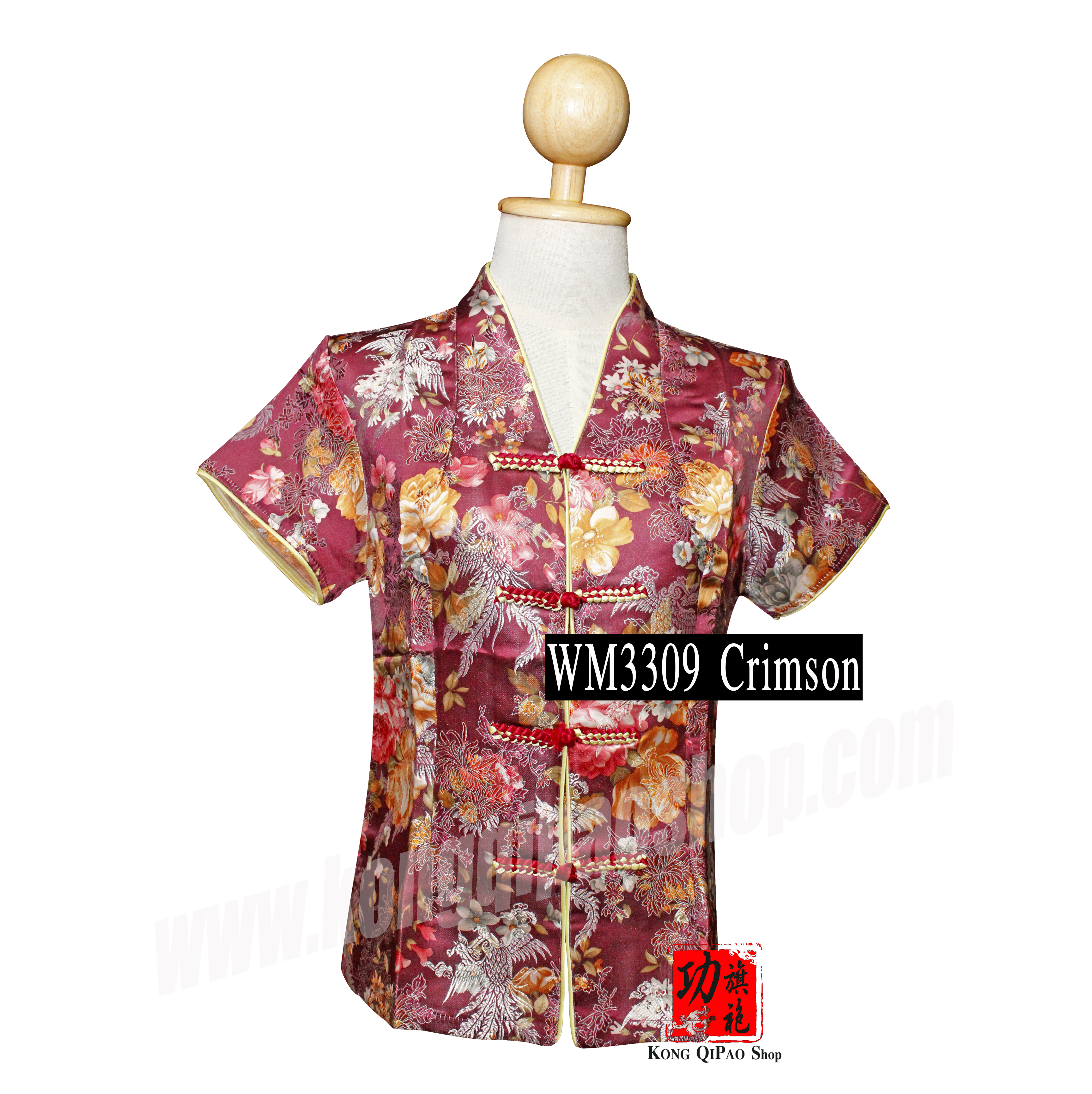 WM3309 เสื้อจีนผู้หญิง คอวี ลายหงส์และดอกโบตั๋น