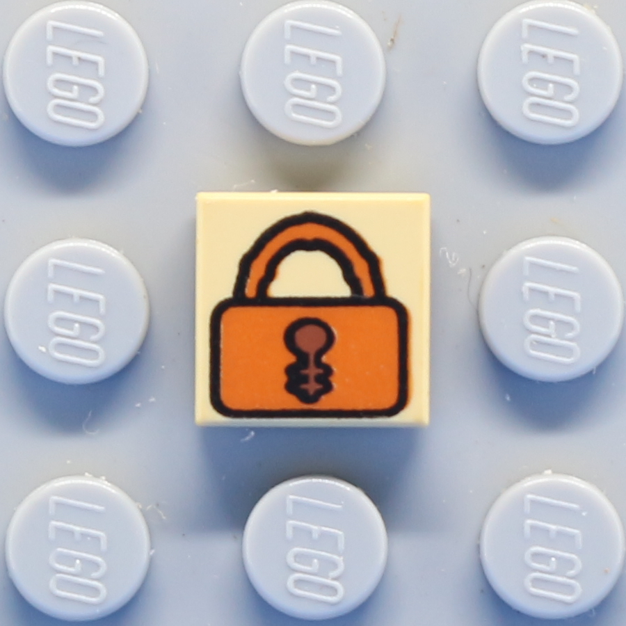 Tile 1 x 1 with Groove with Dark Orange Padlock with Reddish Brown Keyhole Pattern